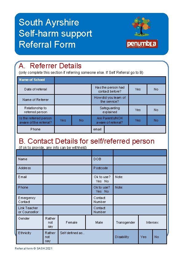 South Ayrshire Self-harm support Referral Form A. Referrer Details (only complete this section if