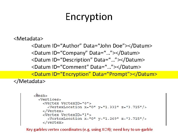 Encryption <Metadata> <Datum ID=“Author” Data=“John Doe”></Datum> <Datum ID=“Company” Data=“…”></Datum> <Datum ID=“Description” Data=“…”></Datum> <Datum ID=“Comment”