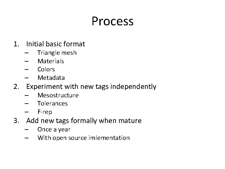 Process 1. Initial basic format – – Triangle mesh Materials Colors Metadata 2. Experiment