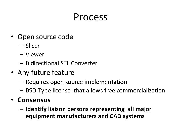 Process • Open source code – Slicer – Viewer – Bidirectional STL Converter •
