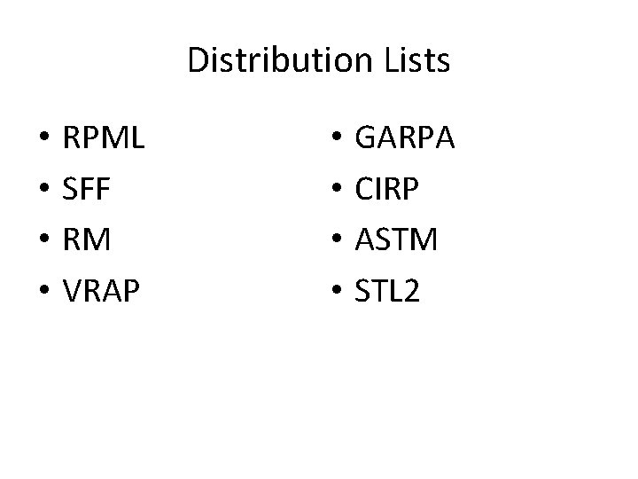 Distribution Lists • • RPML SFF RM VRAP • • GARPA CIRP ASTM STL
