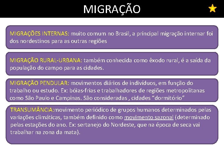 MIGRAÇÃO MIGRAÇÕES INTERNAS: muito comum no Brasil, a principal migração internar foi dos nordestinos