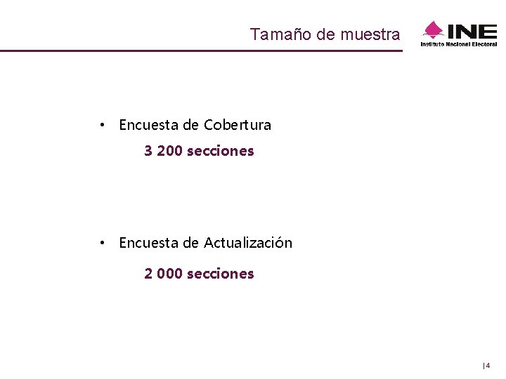 Tamaño de muestra • Encuesta de Cobertura 3 200 secciones • Encuesta de Actualización