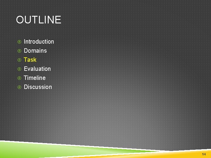OUTLINE Introduction Domains Task Evaluation Timeline Discussion 14 