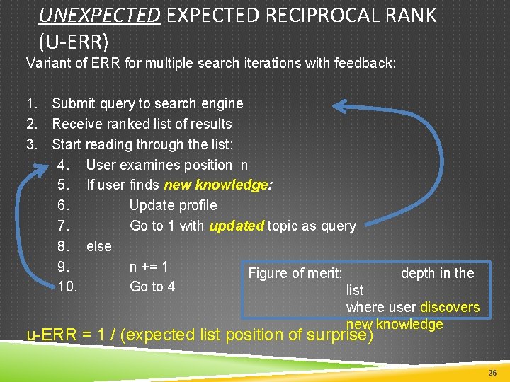 UNEXPECTED RECIPROCAL RANK (U-ERR) Variant of ERR for multiple search iterations with feedback: 1.