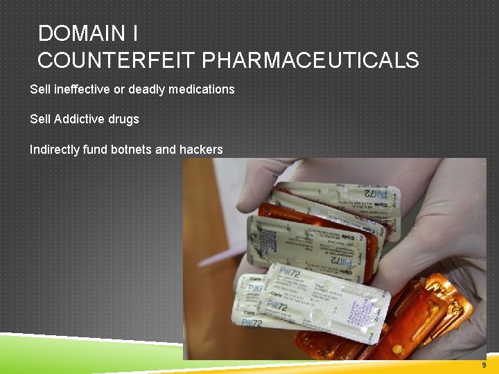 DOMAIN I COUNTERFEIT PHARMACEUTICALS Sell ineffective or deadly medications Sell Addictive drugs Indirectly fund