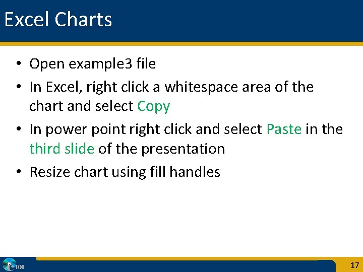 Excel Charts • Open example 3 file • In Excel, right click a whitespace