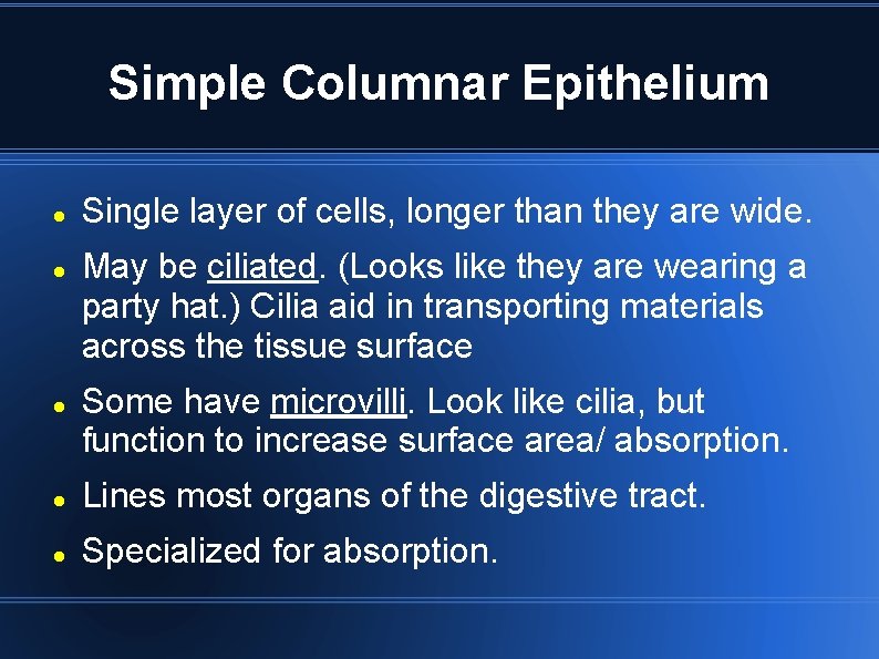Simple Columnar Epithelium Single layer of cells, longer than they are wide. May be Simple Columnar Epithelium Single layer of cells, longer than they are wide. May be