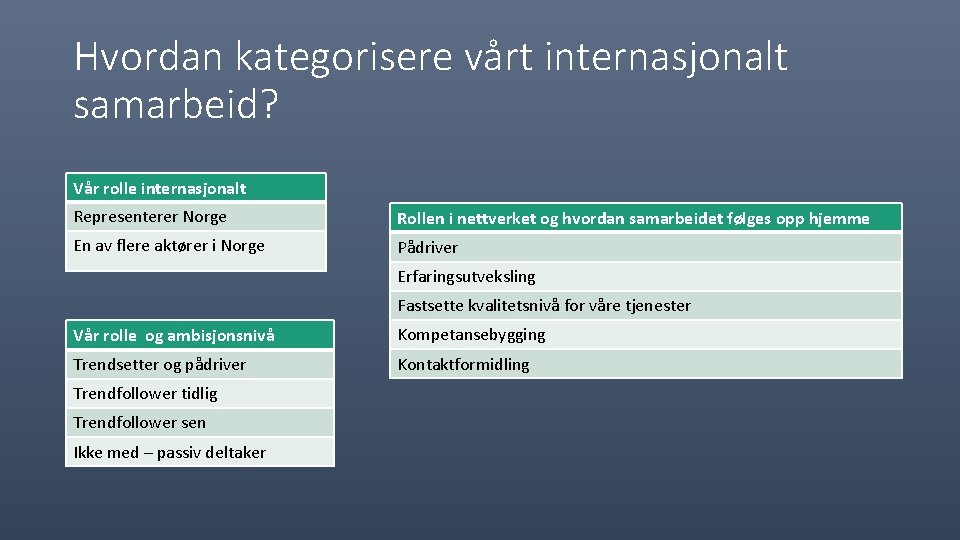 Hvordan kategorisere vårt internasjonalt samarbeid? Vår rolle internasjonalt Representerer Norge Rollen i nettverket og