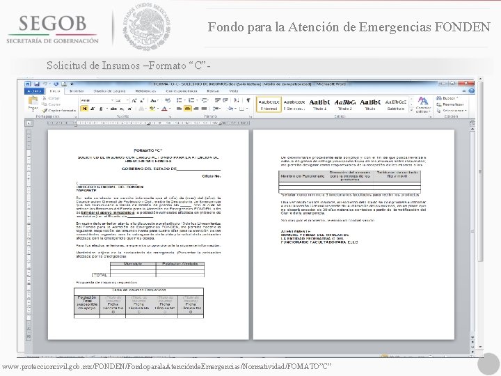 Fondo para la Atención de Emergencias FONDEN Solicitud de Insumos –Formato “C”- www. proteccioncivil.