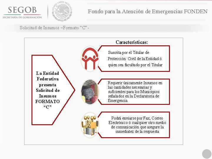 Fondo para la Atención de Emergencias FONDEN Solicitud de Insumos –Formato “C”- Características: Suscrita