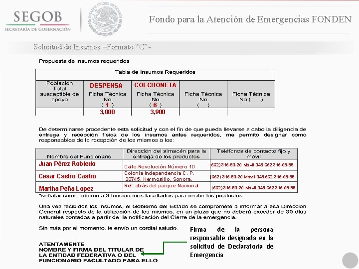 Fondo para la Atención de Emergencias FONDEN Solicitud de Insumos –Formato “C”- DESPENSA 1