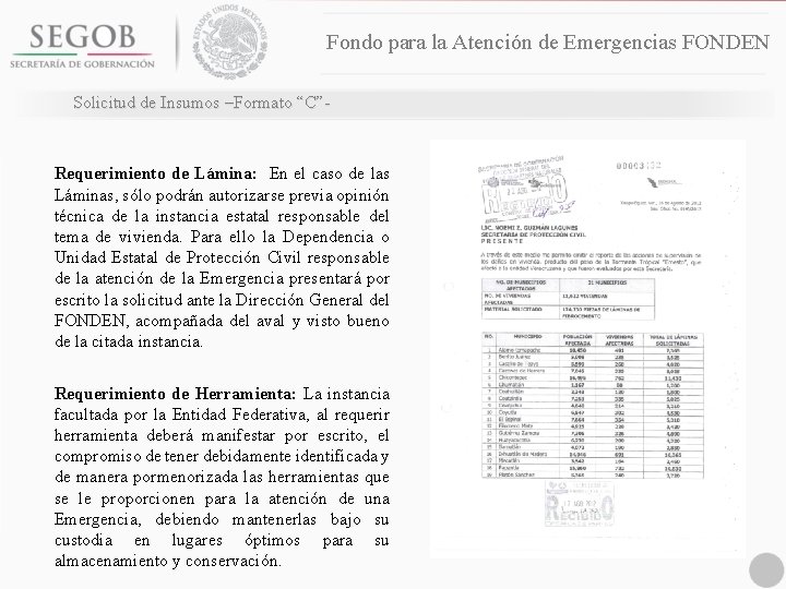 Fondo para la Atención de Emergencias FONDEN Solicitud de Insumos –Formato “C”- Requerimiento de