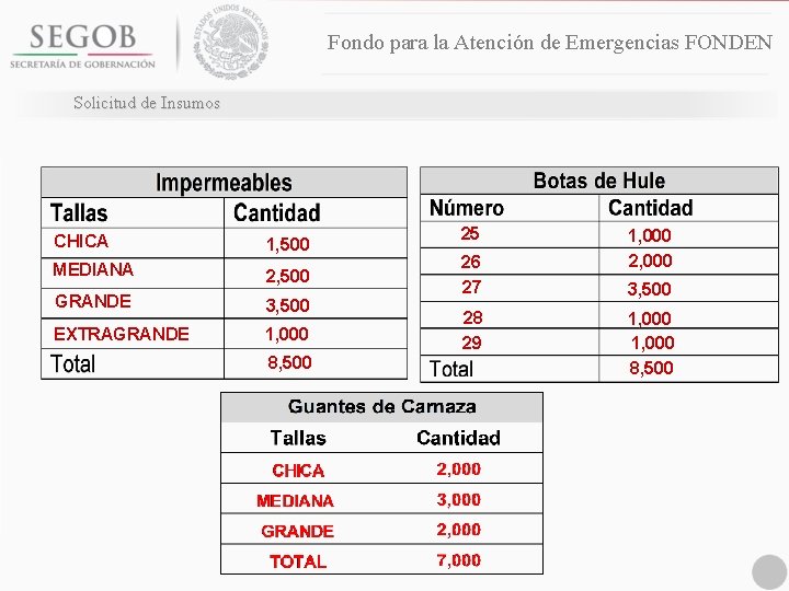 Fondo para la Atención de Emergencias FONDEN Solicitud de Insumos CHICA 1, 500 MEDIANA