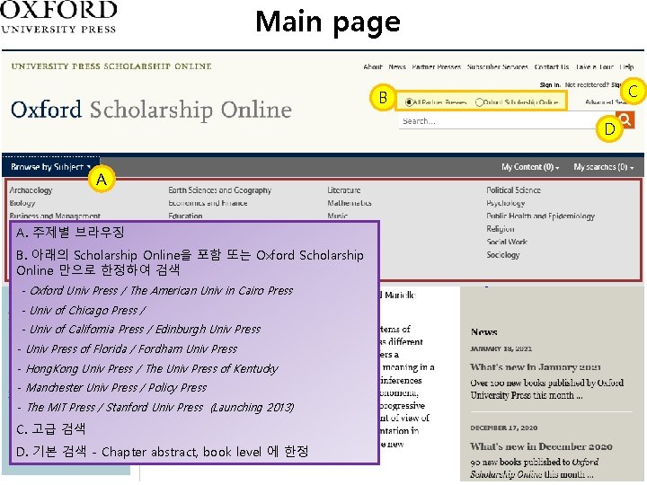 Main page C B D A A. 주제별 브라우징 B. 아래의 Scholarship Online을 포함