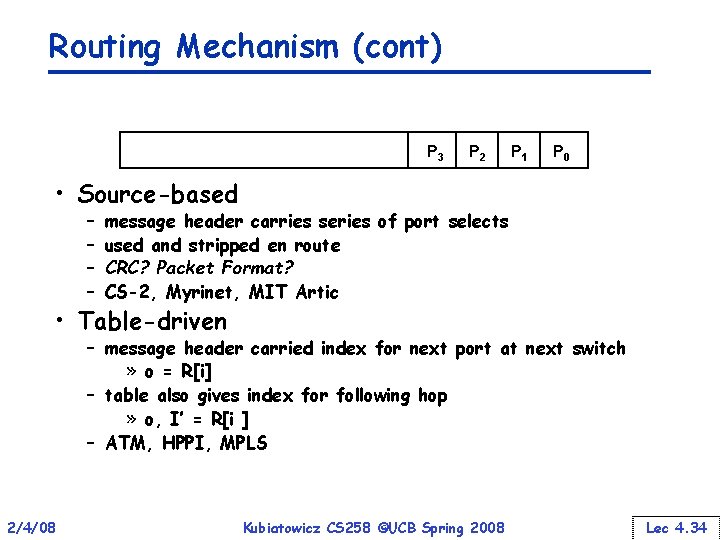 Routing Mechanism (cont) P 3 P 2 P 1 P 0 • Source-based –