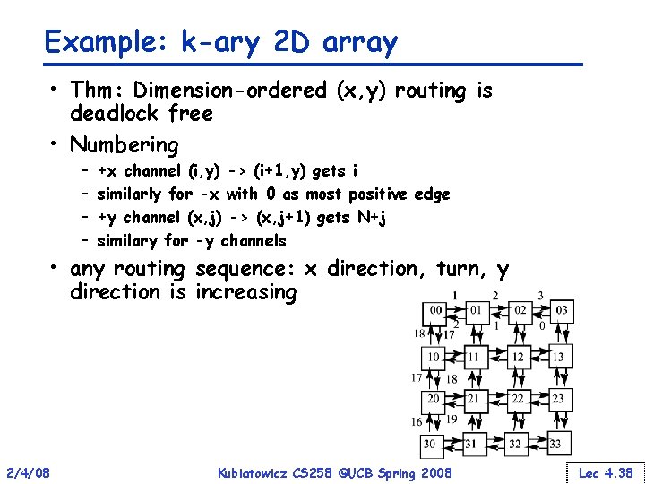 Example: k-ary 2 D array • Thm: Dimension-ordered (x, y) routing is deadlock free