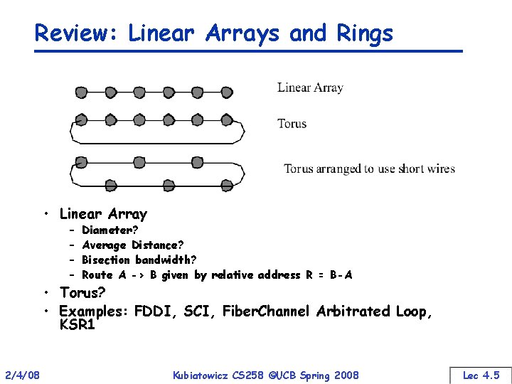 Review: Linear Arrays and Rings • Linear Array – – Diameter? Average Distance? Bisection