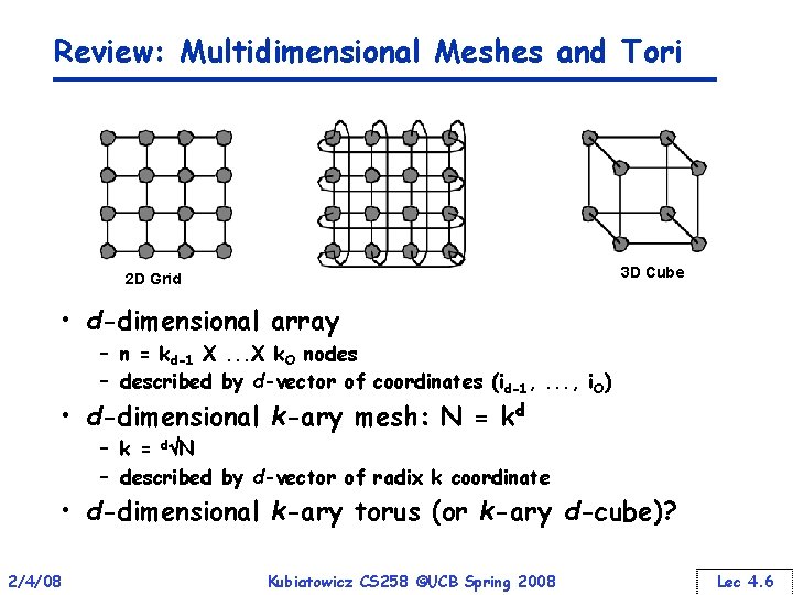 Review: Multidimensional Meshes and Tori 3 D Cube 2 D Grid • d-dimensional array