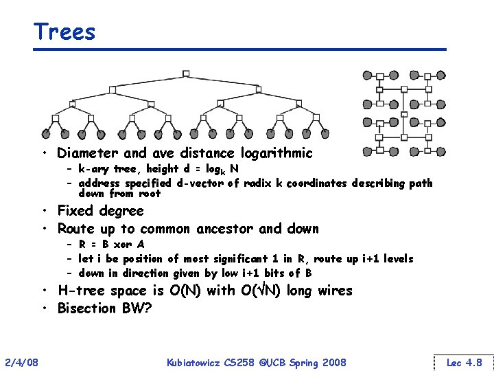 Trees • Diameter and ave distance logarithmic – k-ary tree, height d = logk