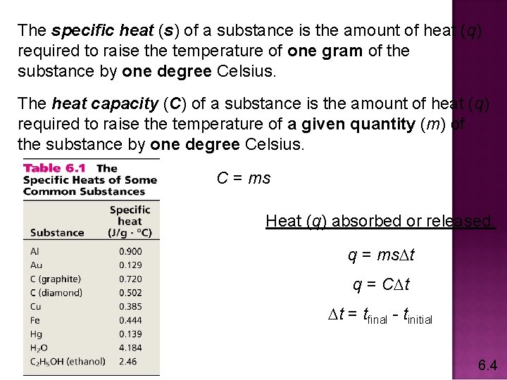 The specific heat (s) of a substance is the amount of heat (q) required