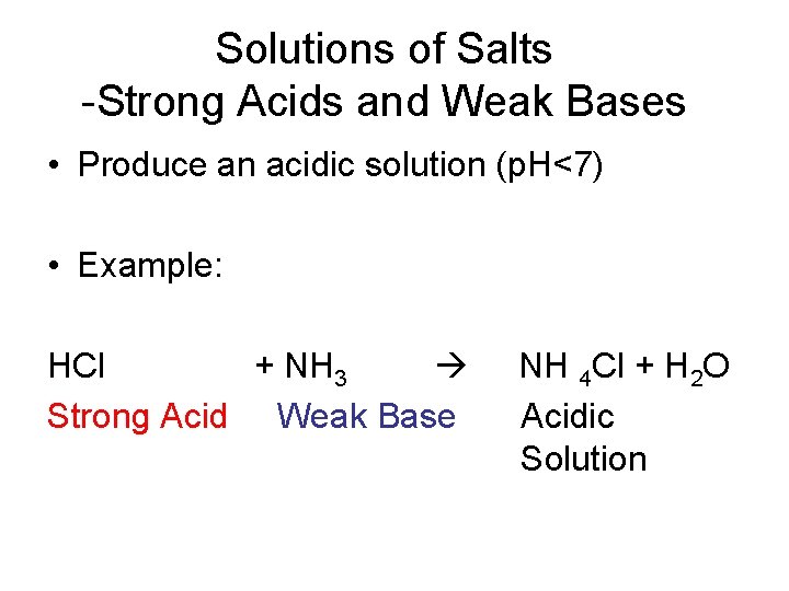 Solutions of Salts -Strong Acids and Weak Bases • Produce an acidic solution (p.