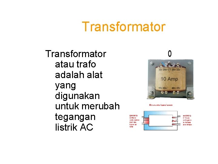 Transformator atau trafo adalah alat yang digunakan untuk merubah tegangan listrik AC Transformator atau trafo adalah alat yang digunakan untuk merubah tegangan listrik AC