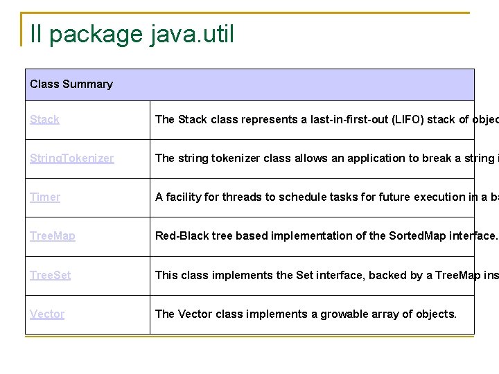 Il package java. util Class Summary Stack The Stack class represents a last-in-first-out (LIFO)