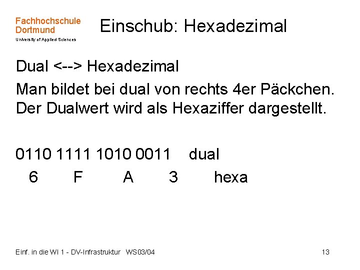 Fachhochschule Dortmund Einschub: Hexadezimal University of Applied Sciences Dual <--> Hexadezimal Man bildet bei