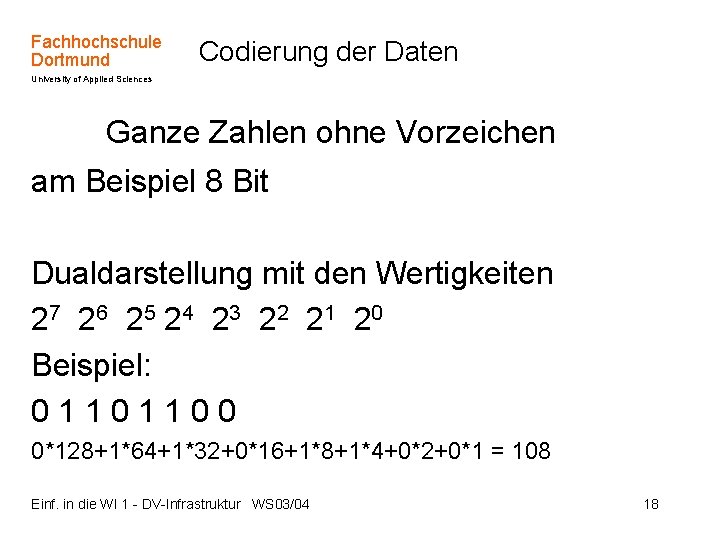 Fachhochschule Dortmund Codierung der Daten University of Applied Sciences Ganze Zahlen ohne Vorzeichen am