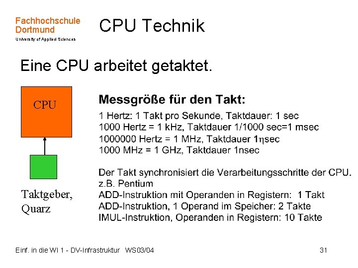 Fachhochschule Dortmund CPU Technik University of Applied Sciences Eine CPU arbeitet getaktet. CPU Taktgeber,