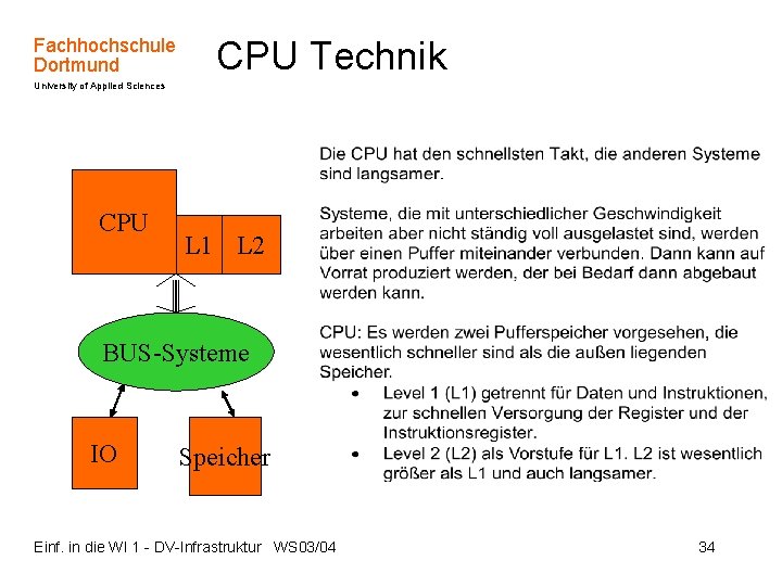 Fachhochschule Dortmund CPU Technik University of Applied Sciences CPU L 1 L 2 BUS-Systeme