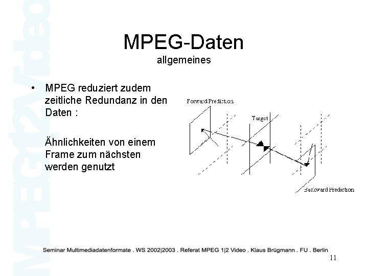 MPEG-Daten allgemeines • MPEG reduziert zudem zeitliche Redundanz in den Daten : Ähnlichkeiten von