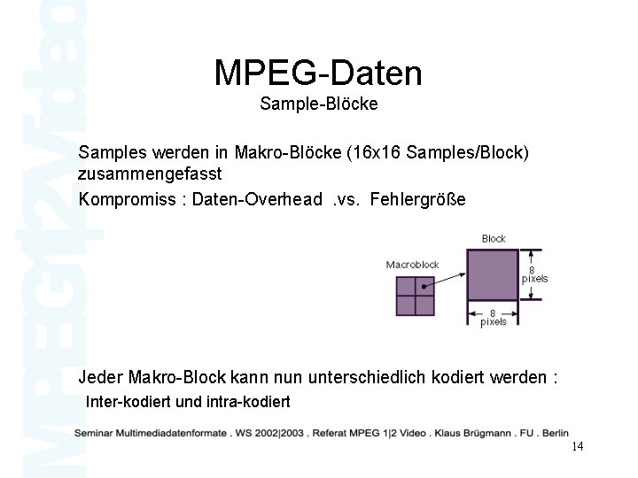 MPEG-Daten Sample-Blöcke Samples werden in Makro-Blöcke (16 x 16 Samples/Block) zusammengefasst Kompromiss : Daten-Overhead.