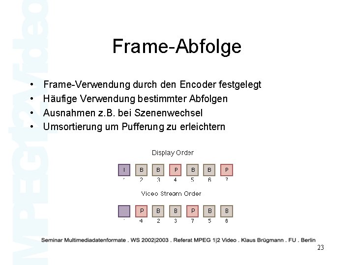 Frame-Abfolge • • Frame-Verwendung durch den Encoder festgelegt Häufige Verwendung bestimmter Abfolgen Ausnahmen z.