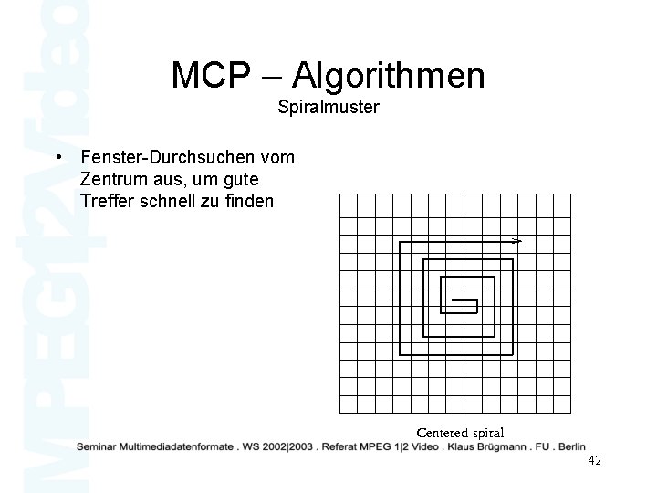MCP – Algorithmen Spiralmuster • Fenster-Durchsuchen vom Zentrum aus, um gute Treffer schnell zu