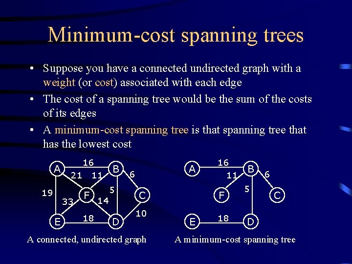 Minimum-cost spanning trees • Suppose you have a connected undirected graph with a weight