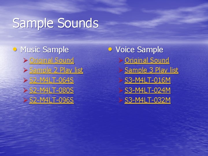Sample Sounds • Music Sample Ø Original Sound Ø Sample 2 Play list Ø