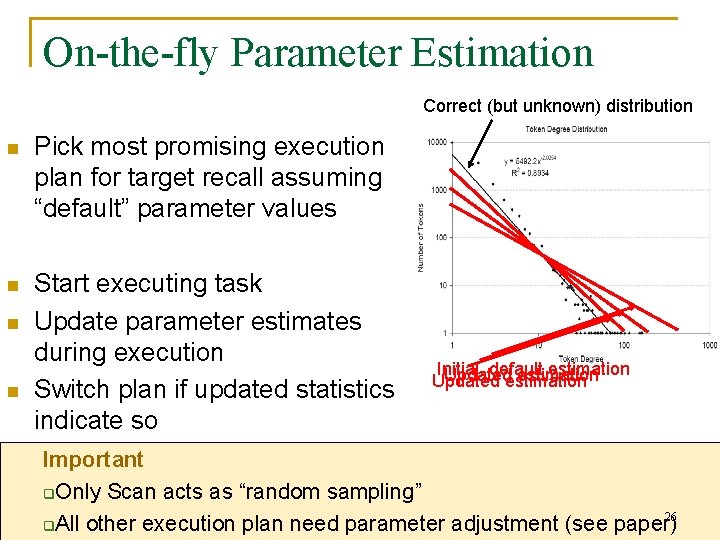 On-the-fly Parameter Estimation Correct (but unknown) distribution n Pick most promising execution plan for