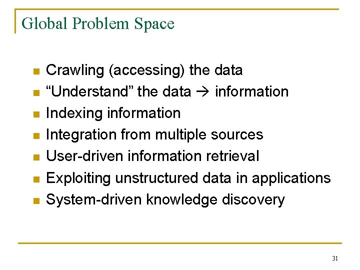 Global Problem Space n n n n Crawling (accessing) the data “Understand” the data