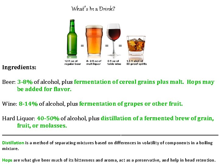 What’s In a Drink? Ingredients: Beer: 3 -8% of alcohol, plus fermentation of cereal