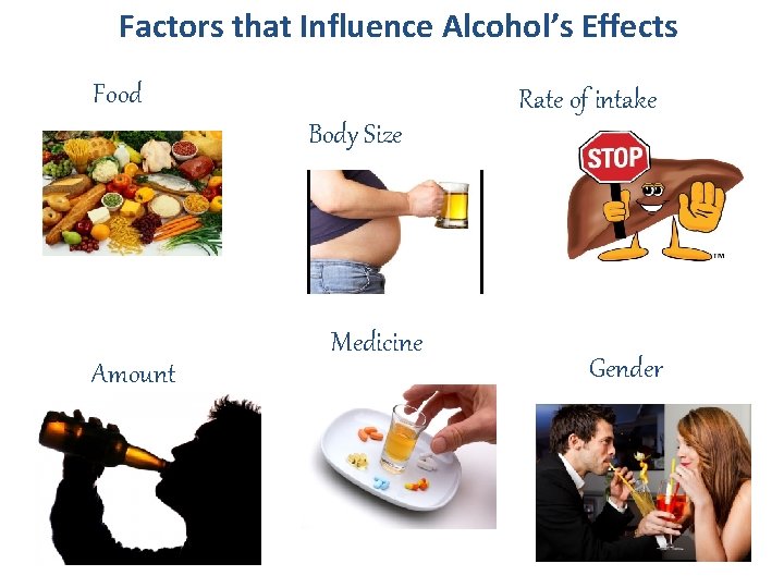 Factors that Influence Alcohol’s Effects Food Rate of intake Body Size Amount Medicine Gender