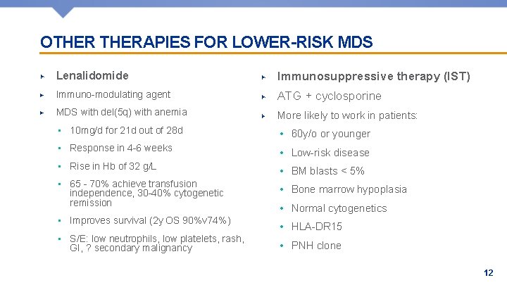 OTHERAPIES FOR LOWER-RISK MDS ▶ Lenalidomide ▶ Immunosuppressive therapy (IST) ▶ Immuno-modulating agent ▶