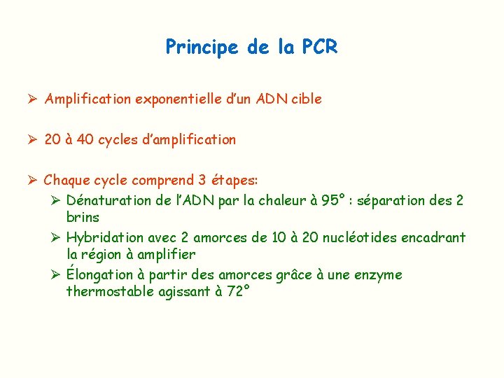 Principe de la PCR Ø Amplification exponentielle d’un ADN cible Ø 20 à 40