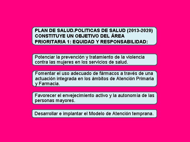 PLAN DE SALUD. POLITICAS DE SALUD (2013 -2020) CONSTITUYE UN OBJETIVO DEL ÁREA PRIORITARIA