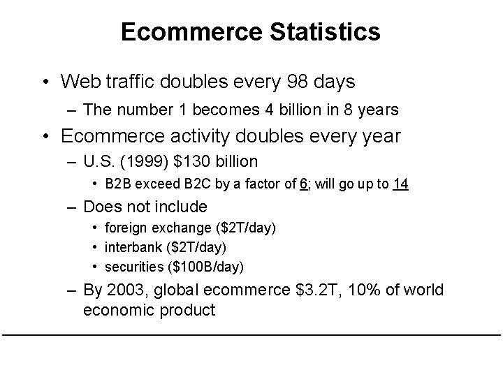 Ecommerce Statistics • Web traffic doubles every 98 days – The number 1 becomes