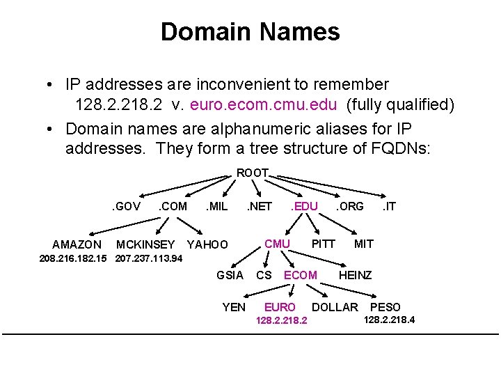 Domain Names • IP addresses are inconvenient to remember 128. 2. 218. 2 v.