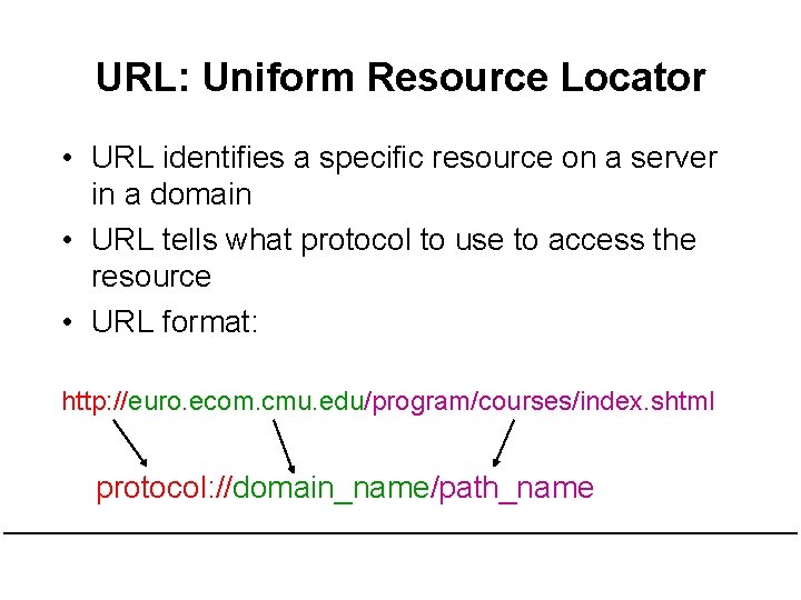 URL: Uniform Resource Locator • URL identifies a specific resource on a server in