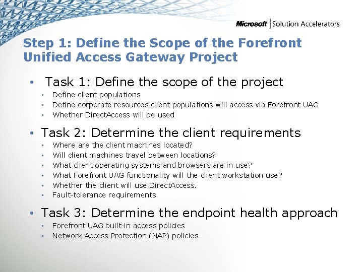 Step 1: Define the Scope of the Forefront Unified Access Gateway Project • Task