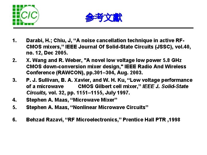 參考文獻 1. 4. 5. Darabi, H. ; Chiu, J, “A noise cancellation technique in